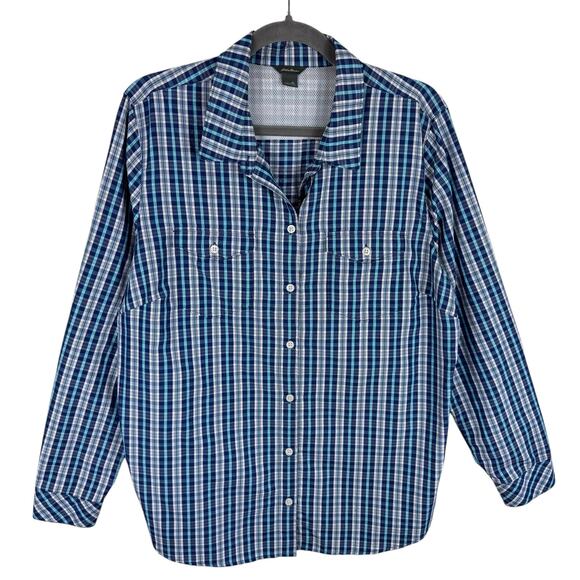 Eddie Bauer Blue Plaid Lightweight Long Roll Tab Sleeve Button Up Fishing Top XL - Picture 1 of 5